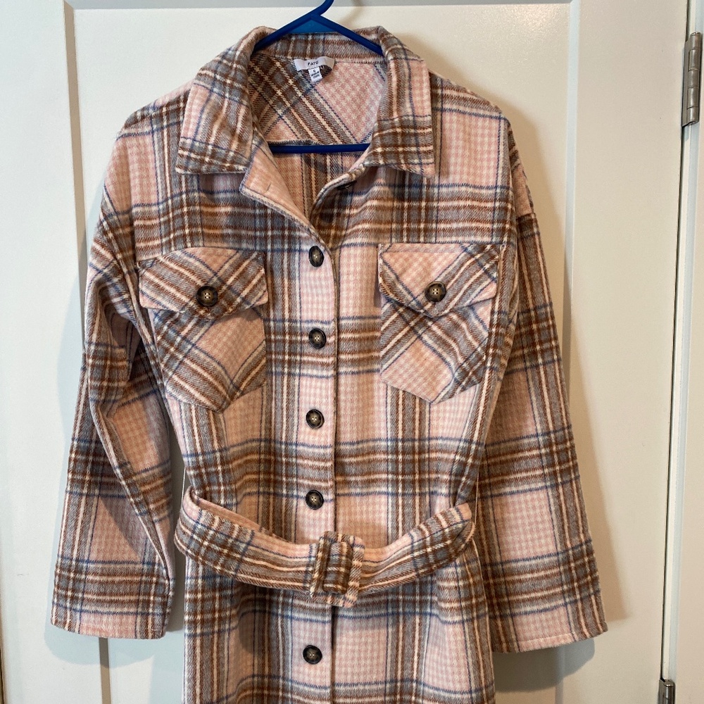 FATE brand pink plaid Shacket with belt